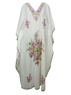 Mogul Stylish Cotton Kimono Caftan White V Neck Beautiful Embroidered Boho Chic Maxi Kaftan 3XL