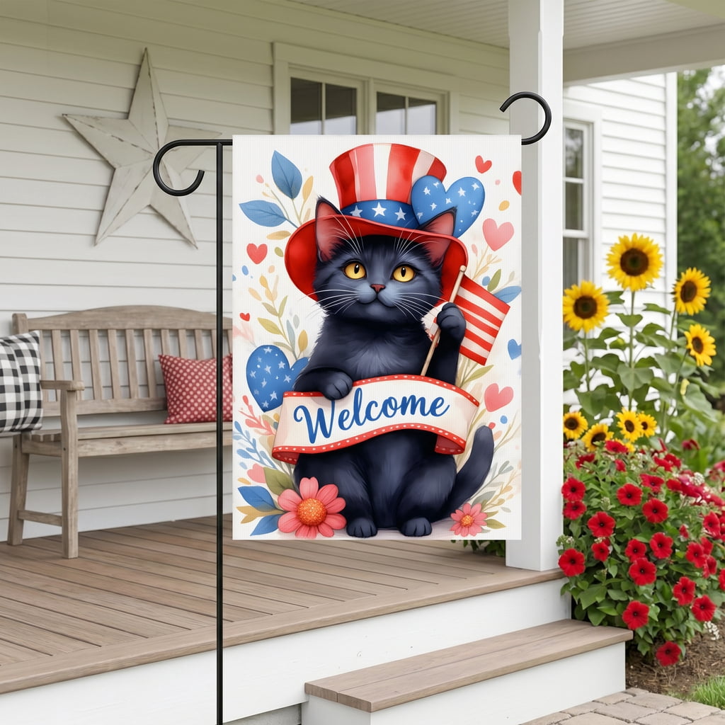 USA 250th Anniversary Garden Flag Black Cat Wearing Red White Blue Hat Holding Flag Independence Day Decorations 28x40 Inch Outdoor Banner 4th of July Decorations