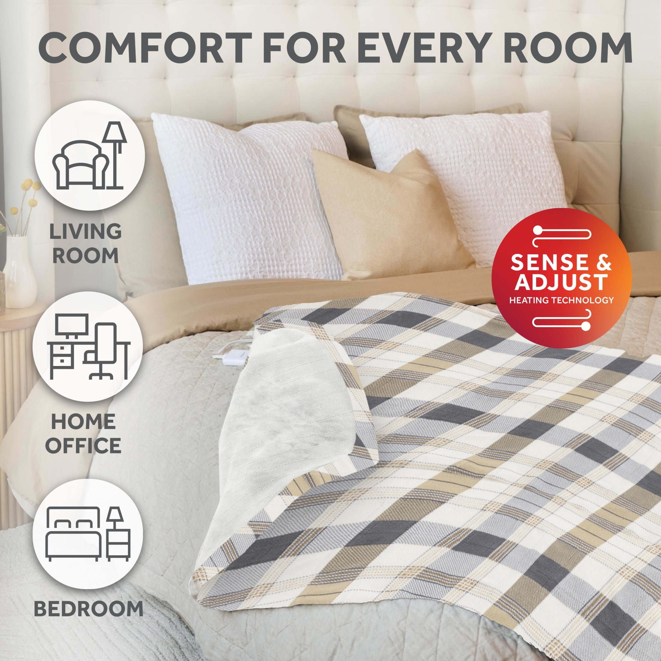 Sunbeam Electric Heated Throw Blanket Neutral Plaid Microplush 4 Heat Settings 50x70