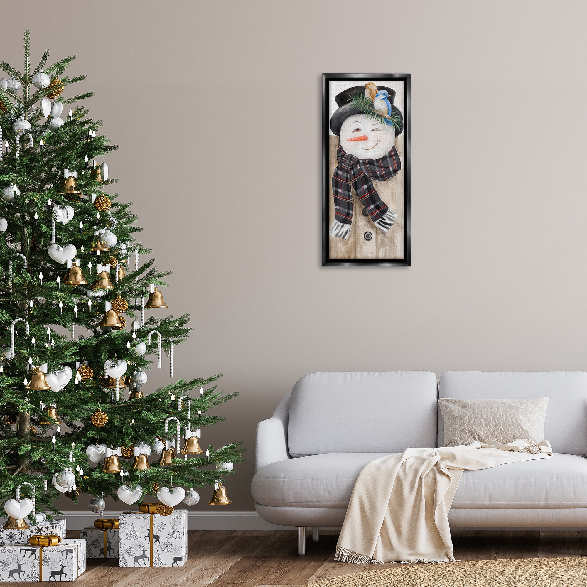 Stupell Industries Rustic Winter Snowman Wink Fairy Tales & Fantasy Painting Black Floater Framed Canvas Art Print Wall Art, 15 x 31