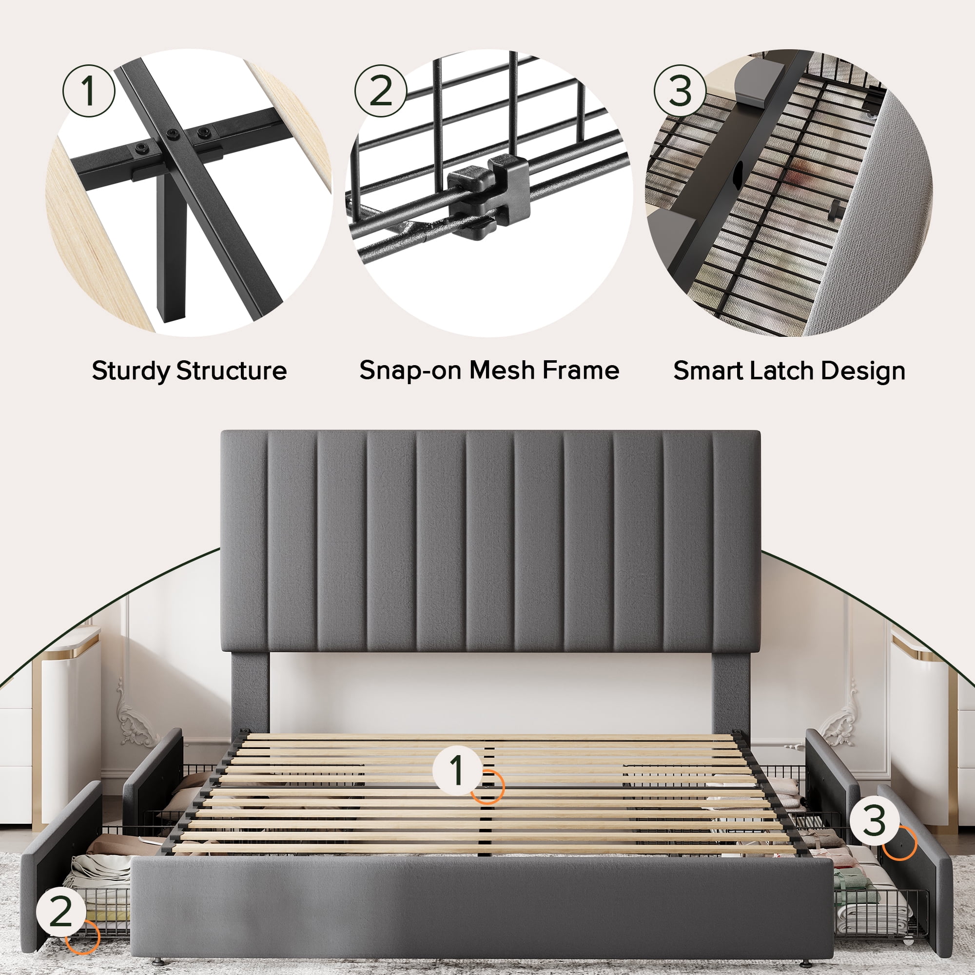 Einfach Queen Bed Frame with Adjustable Upholstered Velvet Headboard and 4 Storage Drawers, No Box Spring Required, Gray