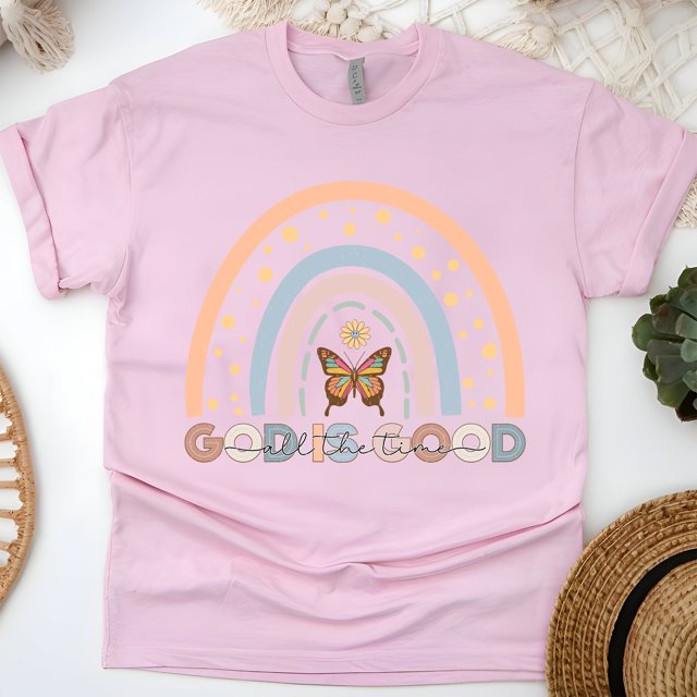 God Is Good All The Time Rainbow Christian Graphic T-Shirt, Light Pink, Size M