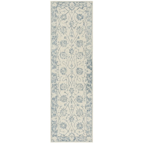 SAFAVIEH Blossom Munya Traditional Wool Runner Rug, Ivory/Blue, 2'3" x 8'