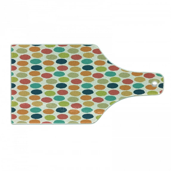 Retro Cutting Board, Hipster Design Soft Colored Big Polka Dots Pattern Vintage Style Spotted Graphic, Decorative Tempered Glass Cutting and Serving Board, Wine Bottle Shape, Multicolor, by Ambesonne