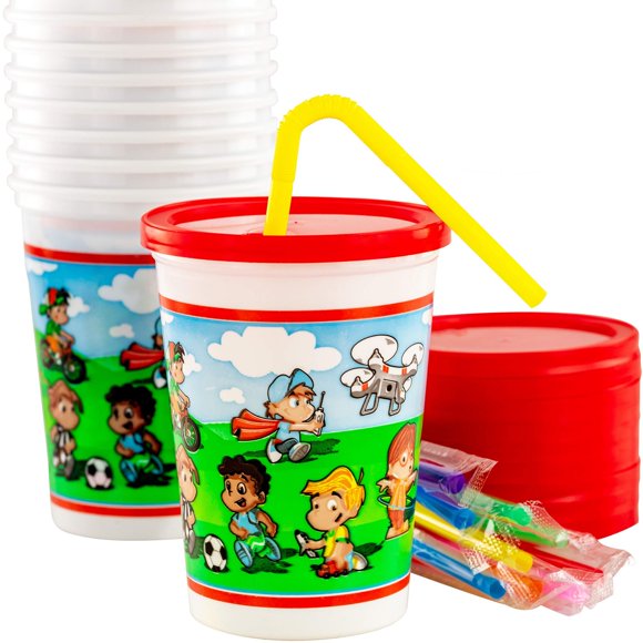 Gobelets de Fête pour Enfants Résistants aux Déversements et Lavables au Lave-Vaisselle avec Couvercle et Paille, Lot de 10. Matériau Sans BPA Assez Durable pour Être Réutilisable Ou à Emporter et à Jeter! Idéal pour les Fêtes d'Anniversaire d'Enfants, les Voyages Ou