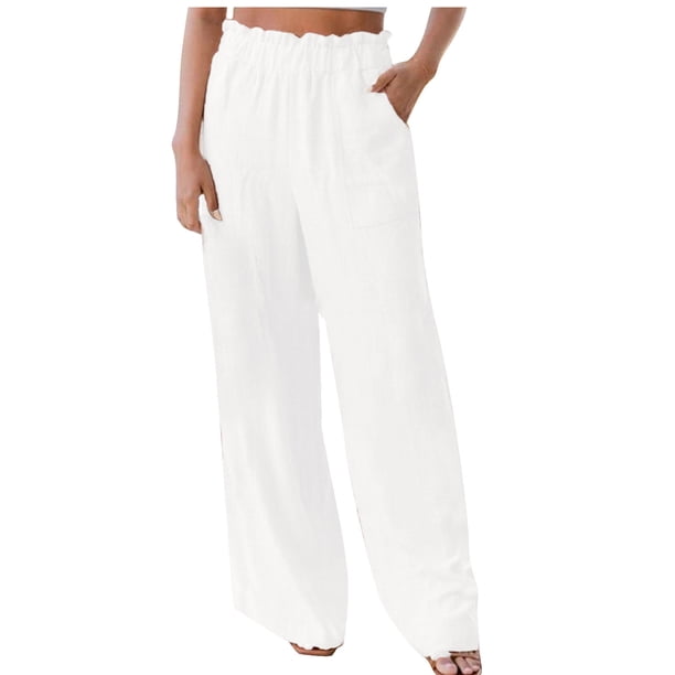 Pantalones sólidos informales para mujer, cómodos, elásticos, de cintura alta, de pierna ancha, informales, sueltos, para playa Fridja alkflakhf34245