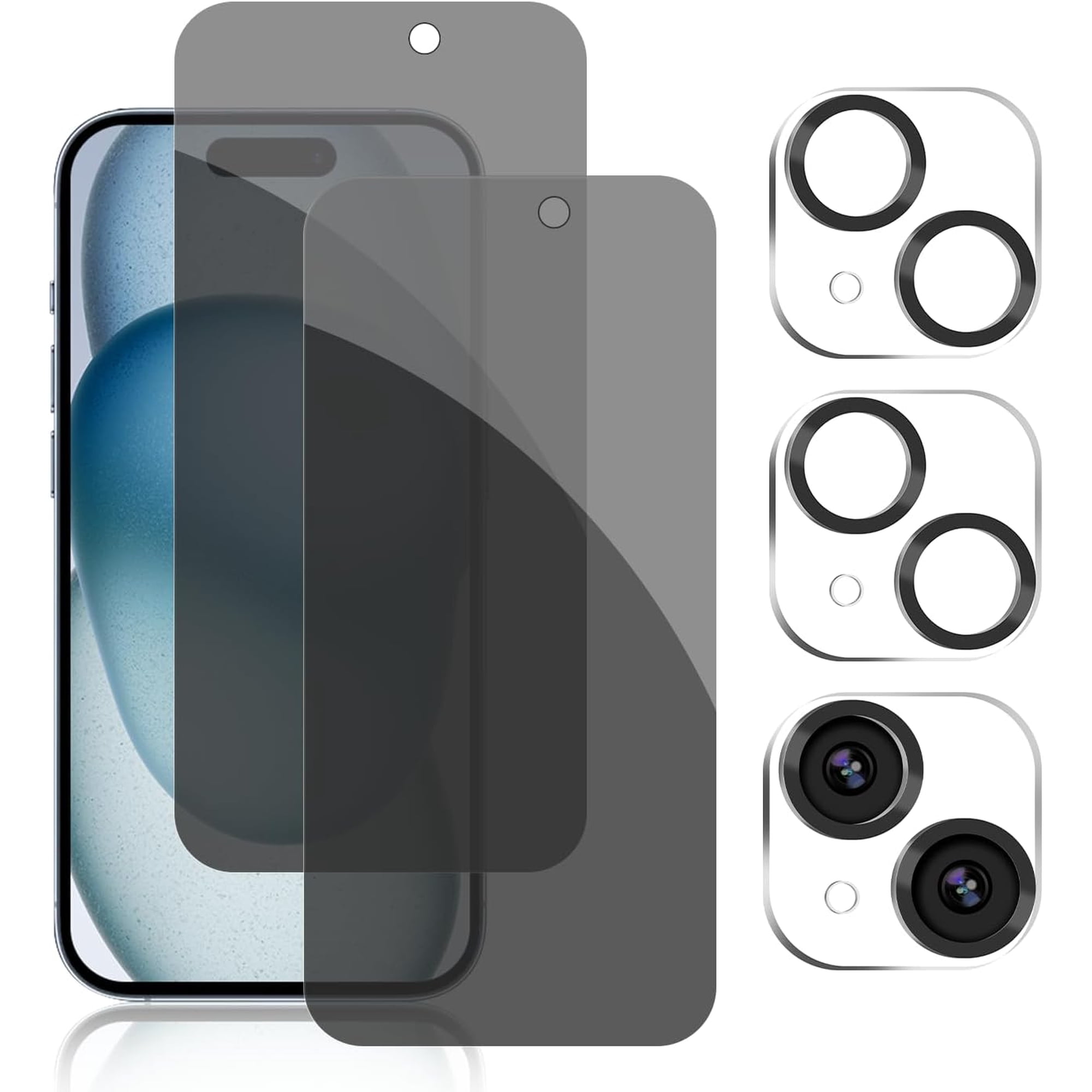 [2+2 Pack] Compatible iPhone 15 Privacy Screen Protector with Camera Lens Protector Full Coverage Anti-Spy Tempered Glass Film 9H Hardness Upgrade Edge Protection Easy Installation Bubble Free Special