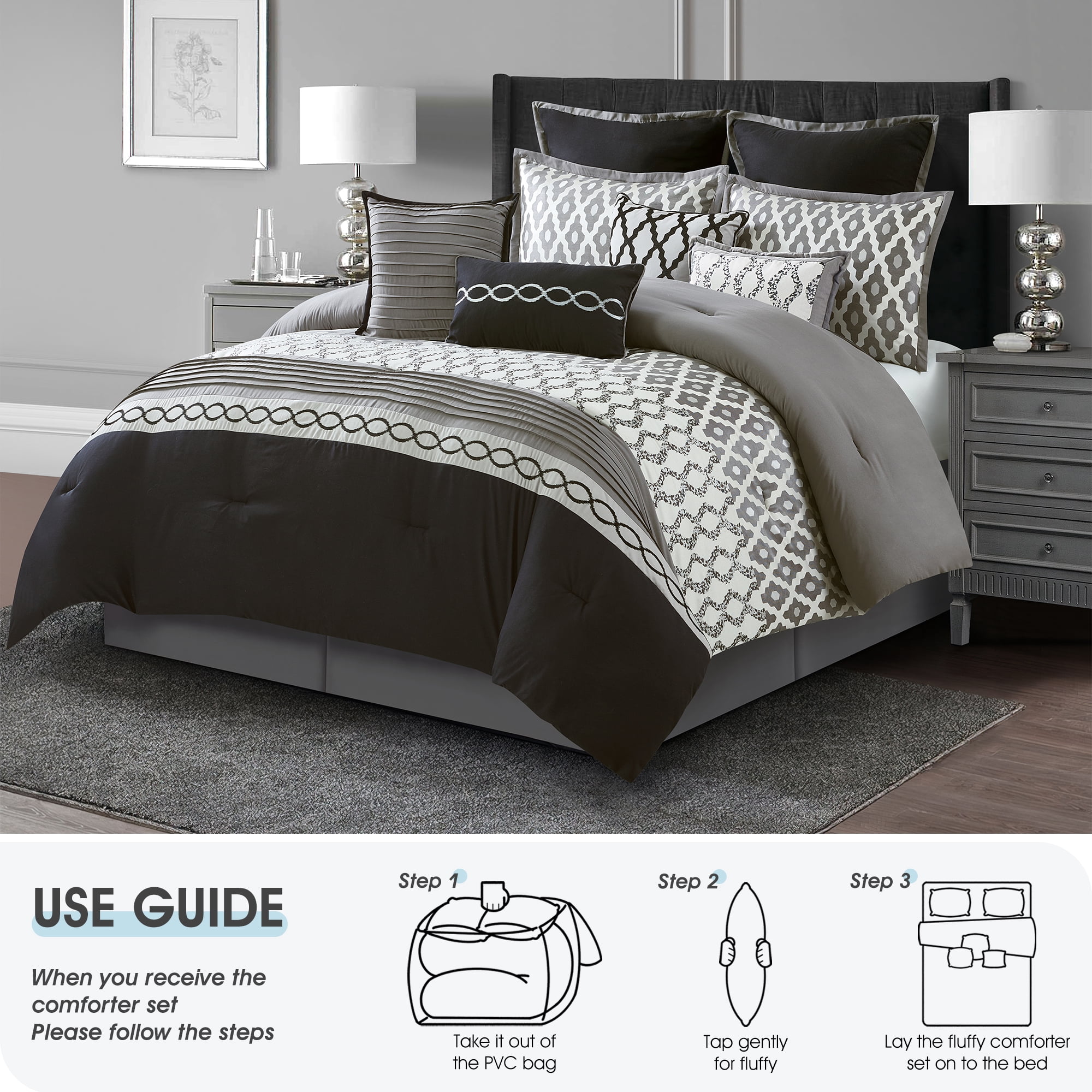 Lanco Geometirc California King Black Comforter Set, 10 Piece, Jacquard Bedding Comforters & Sets, Bedskirt, Pillows & Shams, Ultra-Soft