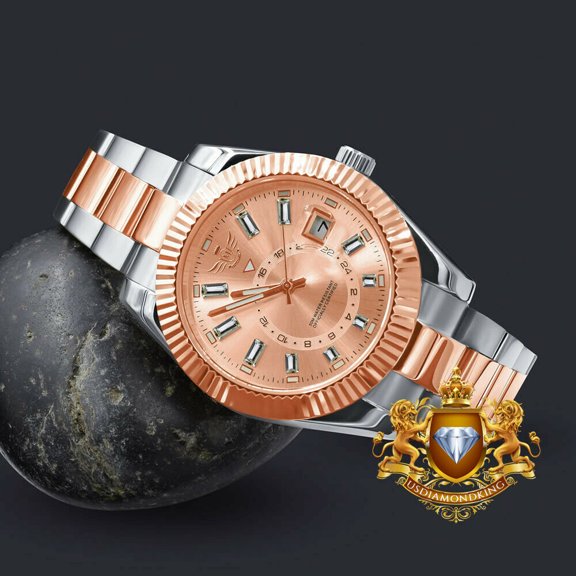 Men's Full Steel 18K 2 Tone Rose Gold Finish Simulated Diamond 40mm Watch W/Date