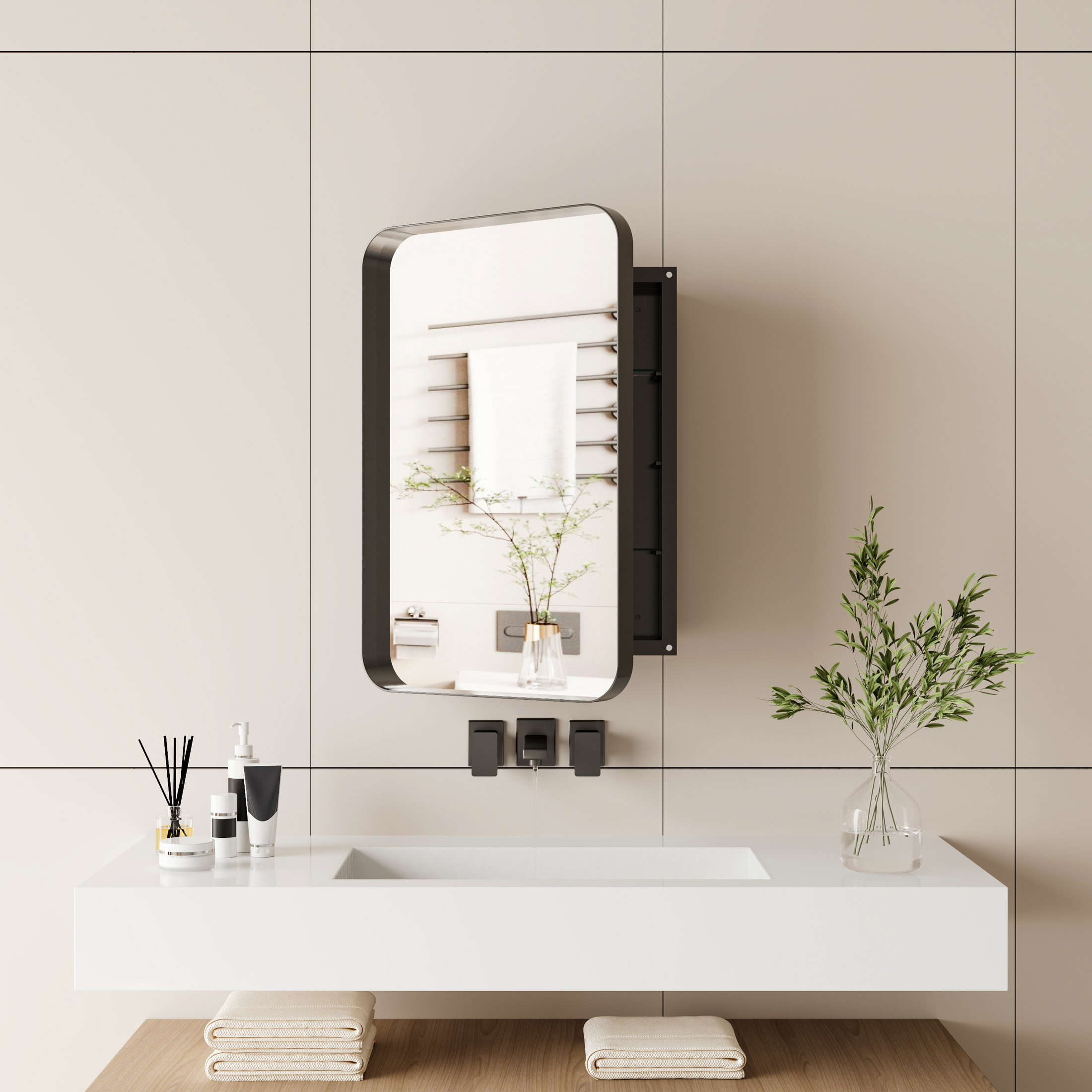 Noble House Modern Recessed Medicine Cabinet with Mirror, Metal Frame & Adjustable Glass Shelves, Matte Black