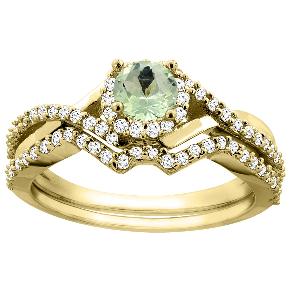 14K Yellow Gold Natural Green Amethyst 2-piece Bridal Ring Set Round 5mm, size 5.5 by Gabriella Gold