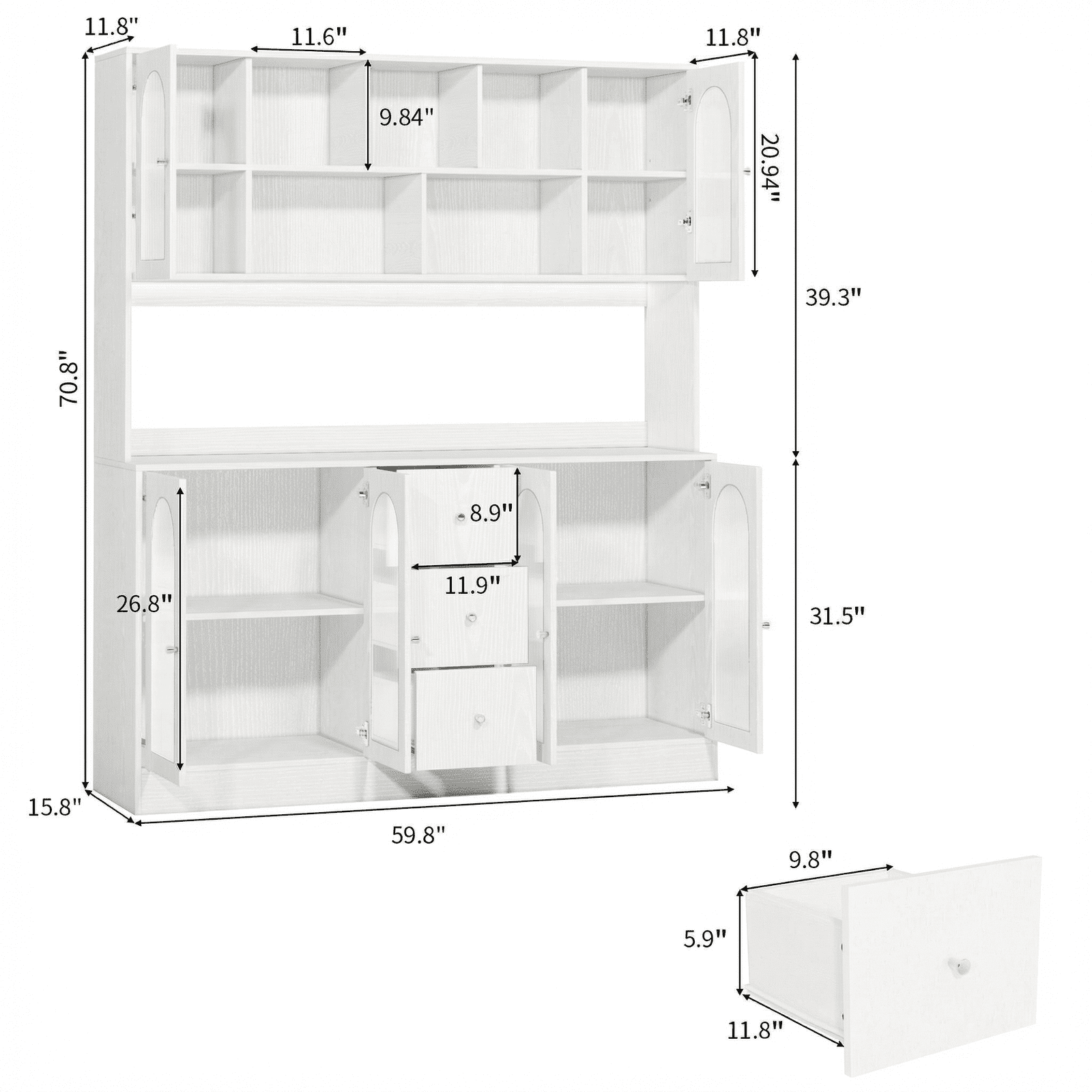 RichYa Kitchen Pantry with RGB LED Light,3 Drawers Hutch Storage Cabinet with Doors & Adjustable Shelves,Cupboard Buffet for Dining Room,White