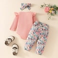 thumbnail image 4 of Scyoekwg Newborn Infant Toddler Baby Girl Clothes Fashion Solid Color Long Sleeve Jumpsuit Tops Floral Long Pants Headband Three Piece Set(V01_Pink,0 Months), 4 of 7