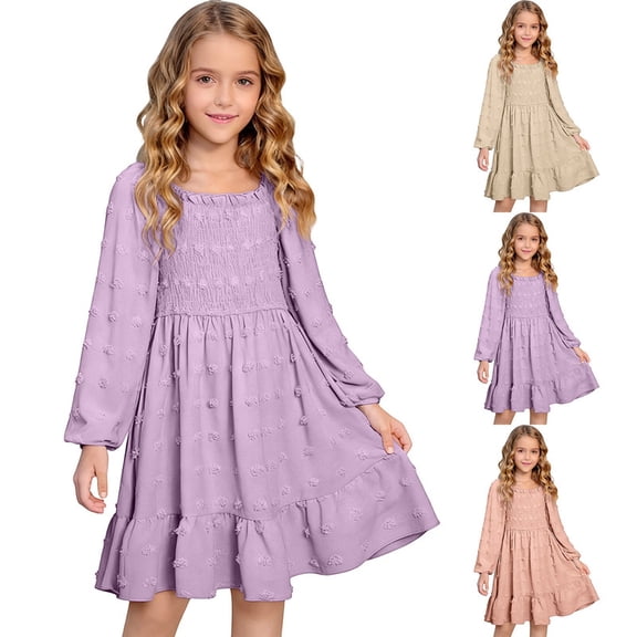 Easter Dresses for Girls Long Sleeve Dress Square Neck Spring Fall Dresses Comfortable Casual Daily Everyday Wear 3-4 Years Khaki