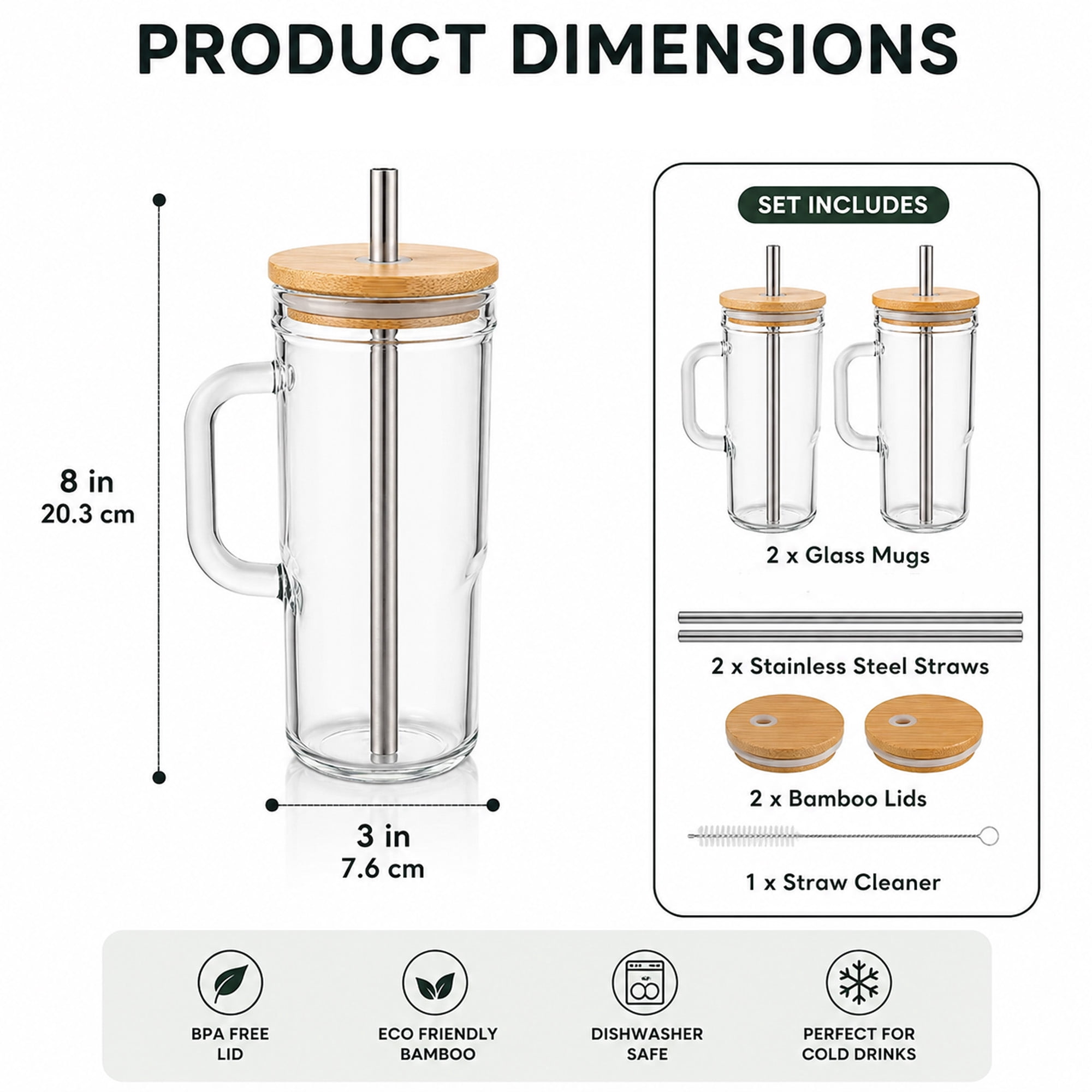 2-Pack Glass Tumbler Cups with Handles, Bamboo Lids, Stainless Steel Straws and Cleaning Brush for Iced Coffee and Cold Drinks