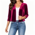 thumbnail image 4 of Vivianyo HD Women's Velvet Cropped Open Front Shrug Cardigan, Ruched Three Quarter Sleeve Cover Up for Women, Outer Layer for Dinner Events and Evening Plans, Size S-3XL, 4 of 6
