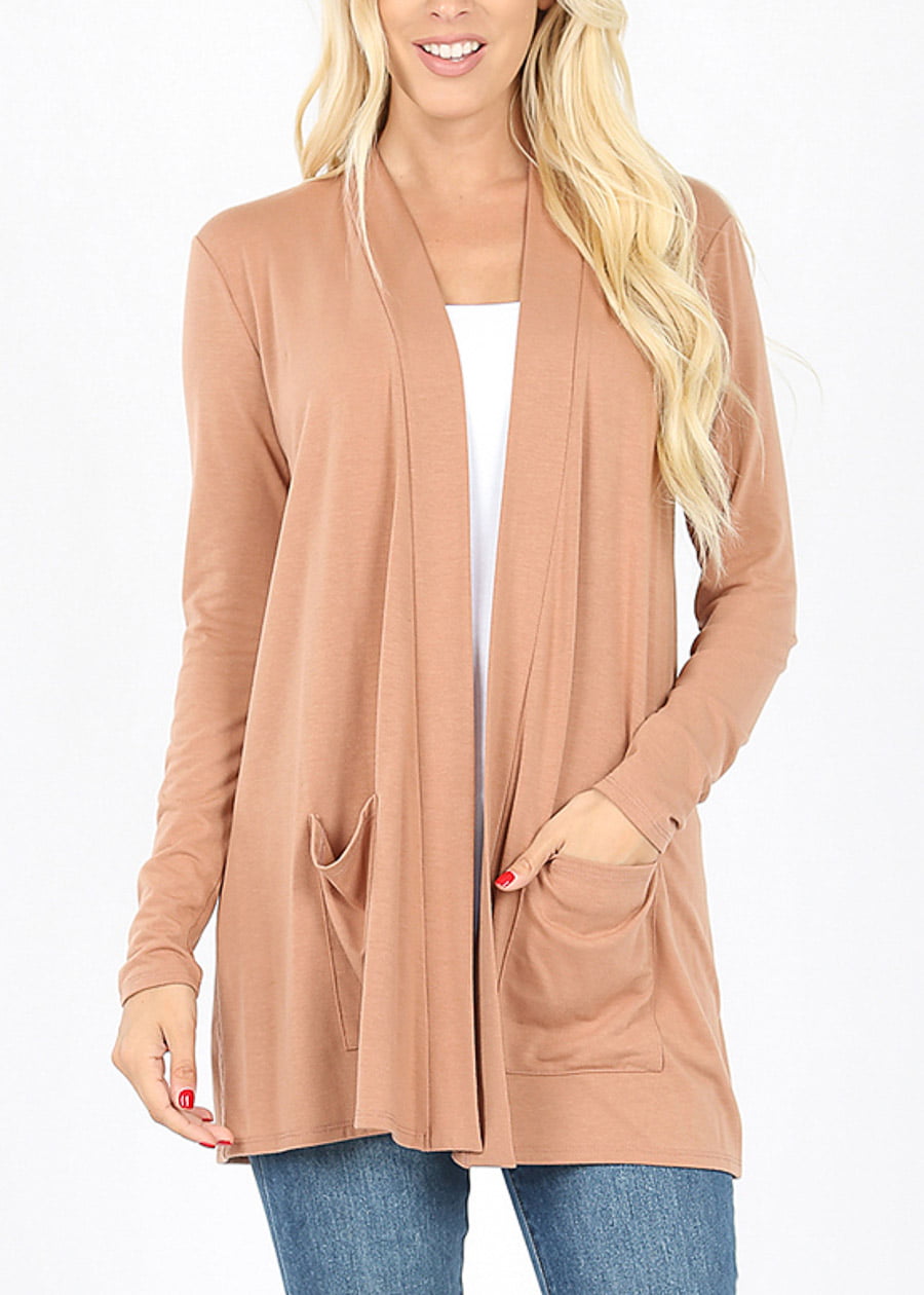 Moda Xpress Womens Long Sleeve Cardigan Open Front With Pockets Beige