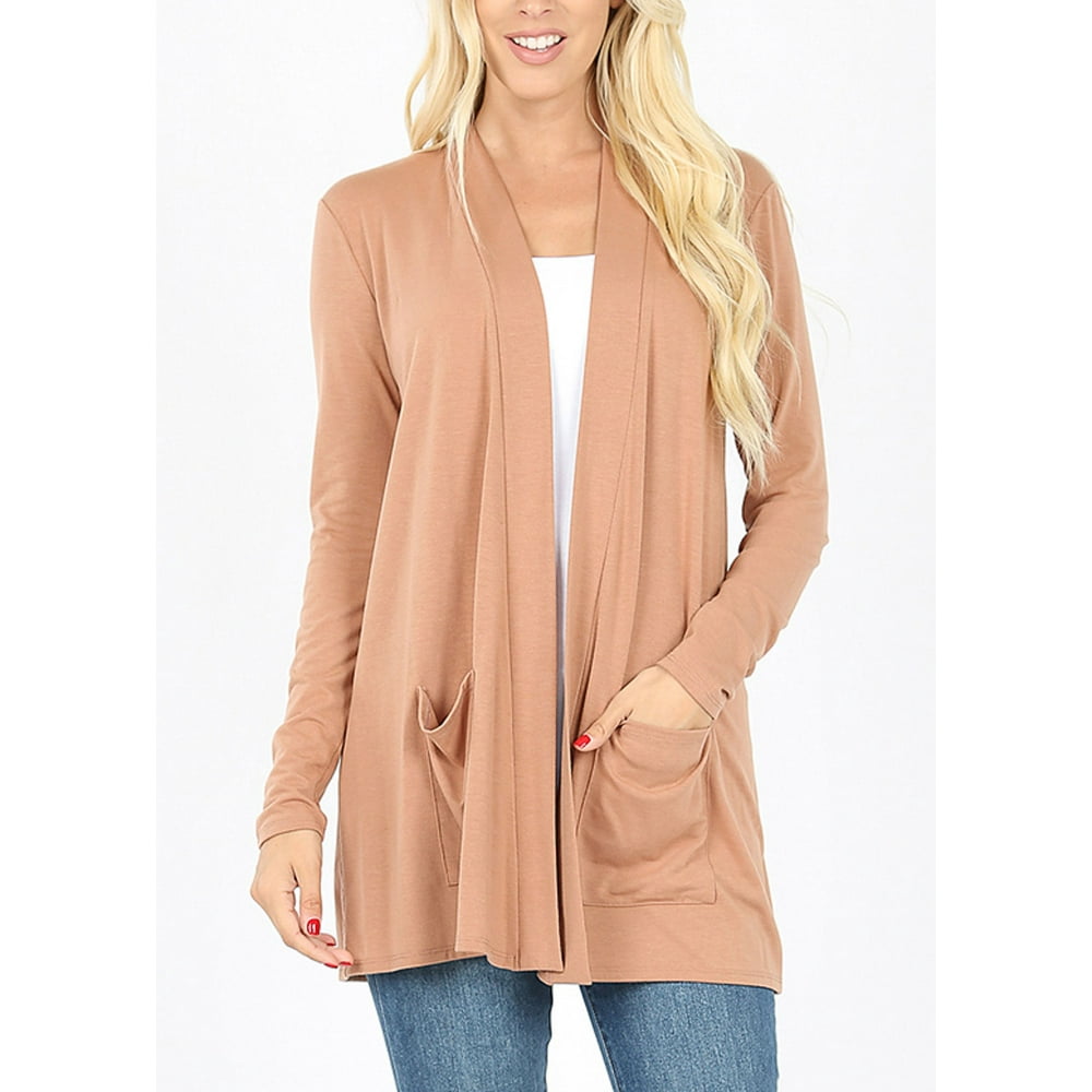 Moda Xpress Womens Long Sleeve Cardigan Open Front With Pockets Beige