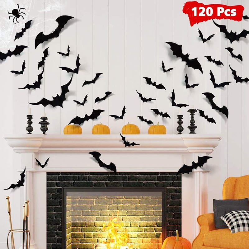12 to 120 pcs 3D Bats Stickers Halloween Decoration Scary Window Door Wall Decal