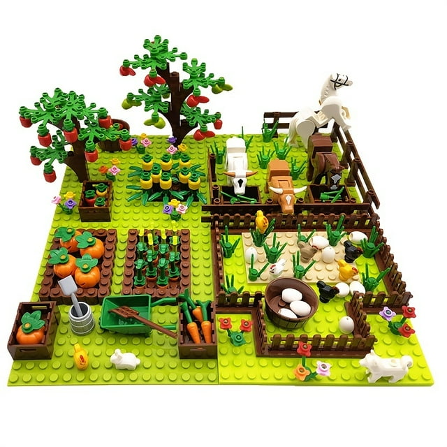 Farm Animals Trees Plants Building Blocks Set, Parts Grass Baseplates Construction Educational Toys For Kids Children, Farm Block 4 In 1