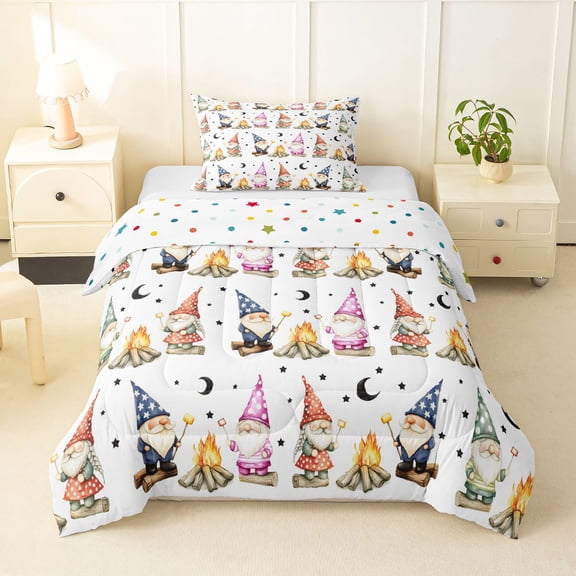Homewish Cute Gnome Twin Comforter Sets For Kids,Kawaii Cartoon Themed Bedding Set,White,Polkadot Reversible,2 Pieces,1 Comforter and 1 Pillowcase