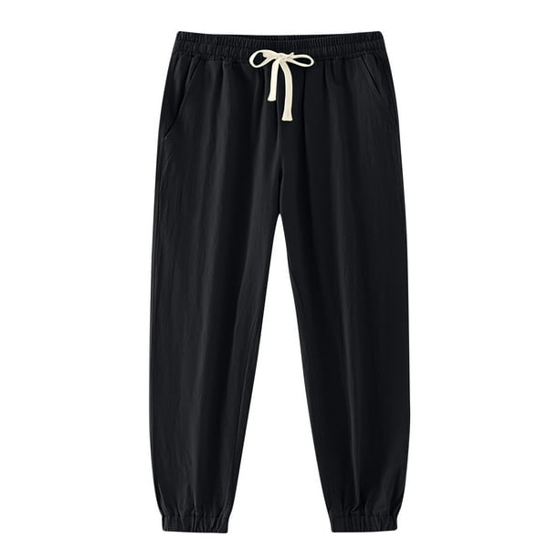 Amzcrzy Pantalones Chándal Hombre Color Liso Ligeros Suaves Transpirables Elásticos Cintura Lino Cómodos Para Playa Tallas S-2XL Negro