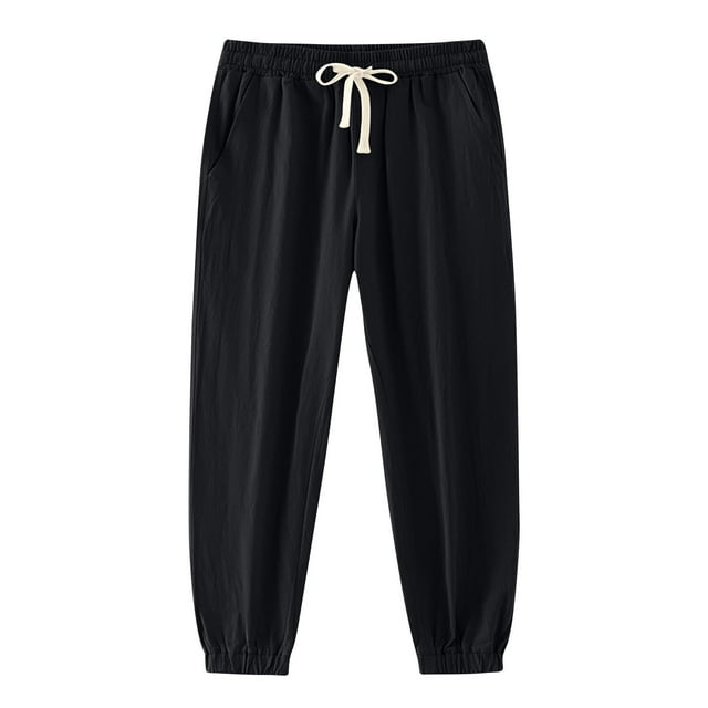 Black Mens Track Gym Happy Vacation Gift Lounge Running Trousers Pants for Mens Faux Linen Ruched Paperbag Straight Leg Elastic Waist Basic Long Leg Summer Fall 2025 S