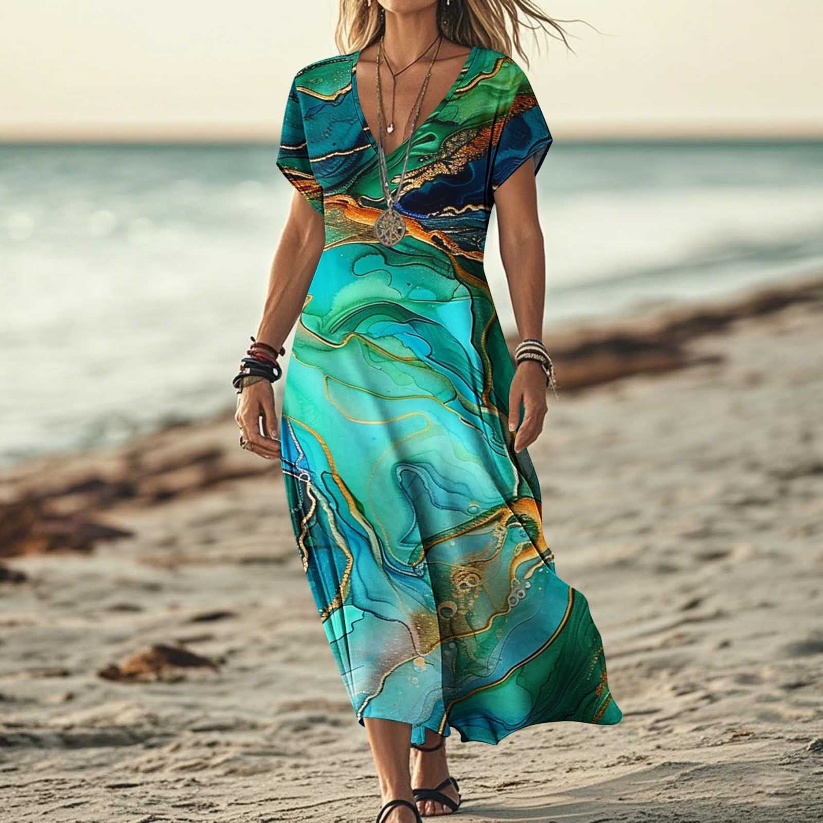 Yghzkop Women's Tropical Print Short Sleeve V-Neck Maxi Dress Flowy Beach  Cover Up Casual Smocked Waist Long Skirt Vacation Dress - Walmart.com
