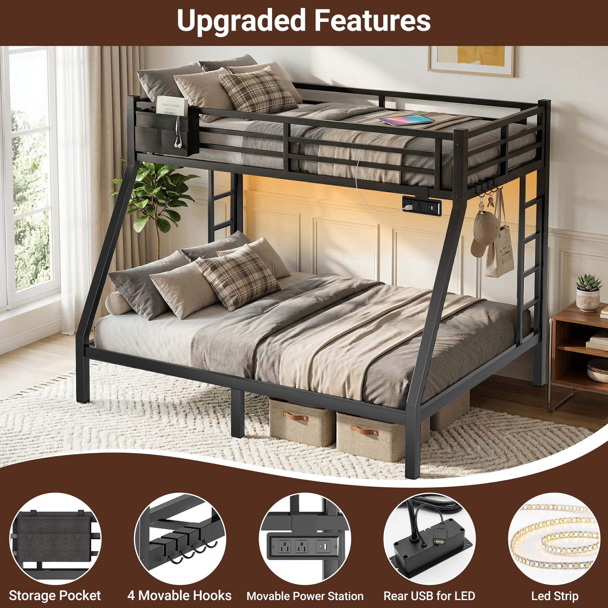 Miniyam Twin Over Full Metal Bunk Bed with Charging Station, LED and Storage for Teens and Adults, Black