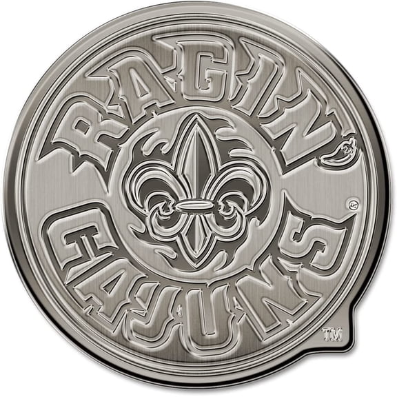 University of Louisiana Lafayette Ragin Cajuns Solid Metal Raised Auto Emblem, Antique Nickel Finish, Shape Cut, Adhesive Backing
