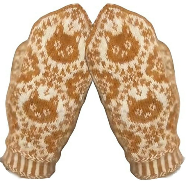 Warm Knit Cat Pattern Mittens Fuzzy Winter Gloves for Fall and Cold Weather Outdoor Use 2PCS