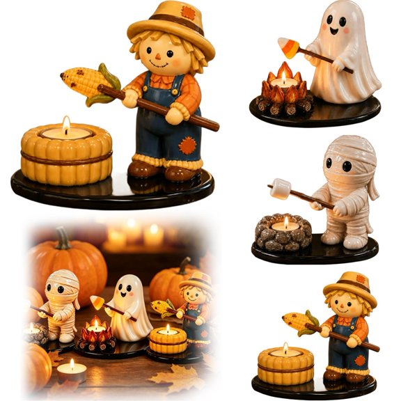Halloween Candle Holder Decorations Indoor, Ghost Decor and Scarecrow Figurines With Glowing Campfire Tea Light, Vintage Halloween Decor Tabletop Ornament for Home Office Party