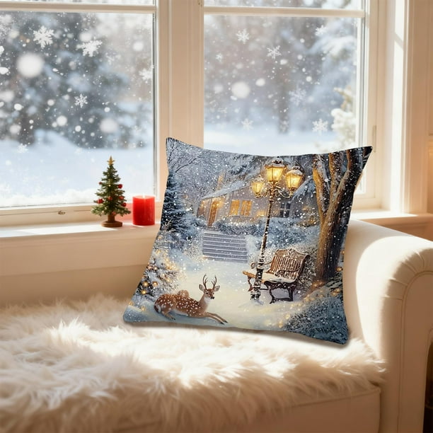 Fundas de Cojín de Lino con Escena Navideña Nevada Estilo Americano | Decoración Navideña | 45X45Cm | Multicolor | 1 Unidad