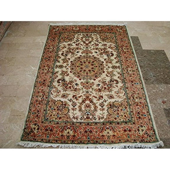 Ahmedani Linen  Awesome Ivory Medallion Flower Rectangle Adult Indoor Home Decor Any Room Area Rug Hand Knotted Carpet (6 x 4) Foot