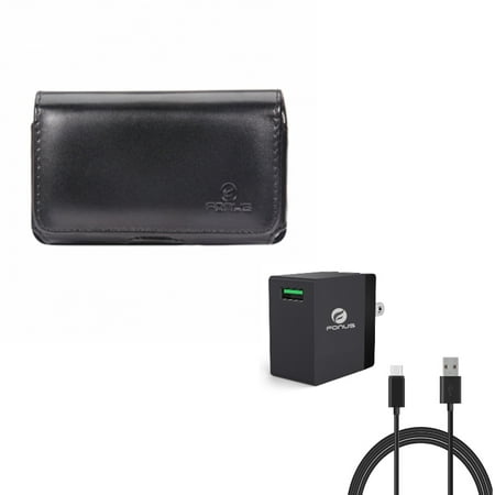 Black Horizontal Leather Case w 18W Adaptive Fast USB Home Charger 6ft Type-C Cable M4Q for Alcatel 7 - Huawei Google Nexus 6P - LG V20 V50 ThinQ 5G, Stylo 4 Plus - Motorola Moto G7