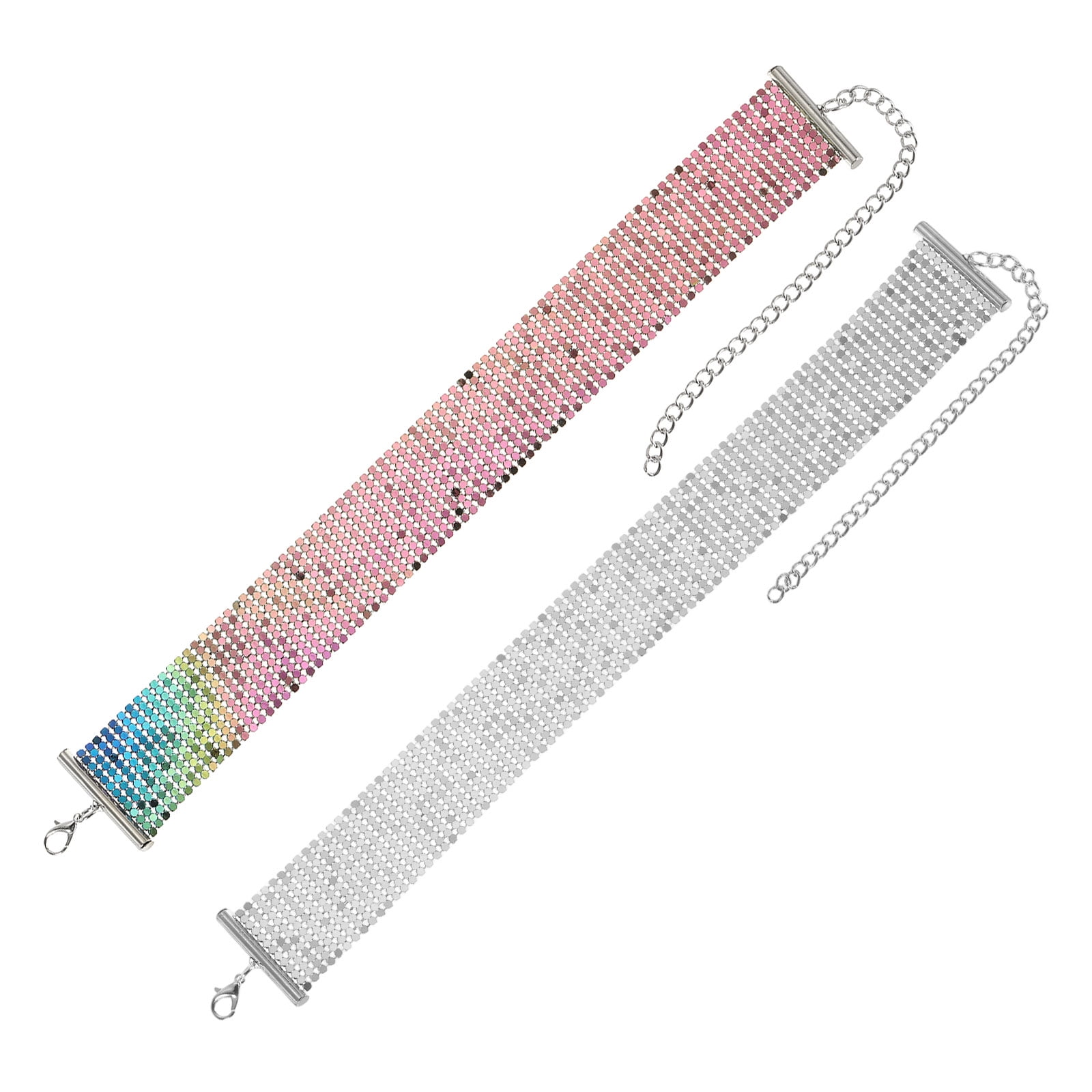 Uxcell 2 Pack Wide Sequin Necklace Metal Mesh Shiny Short Collar Necklace Punk Sequins Neck Chain for Women Accessories Party Evening Banquet Daily Dress Silver/Colorful