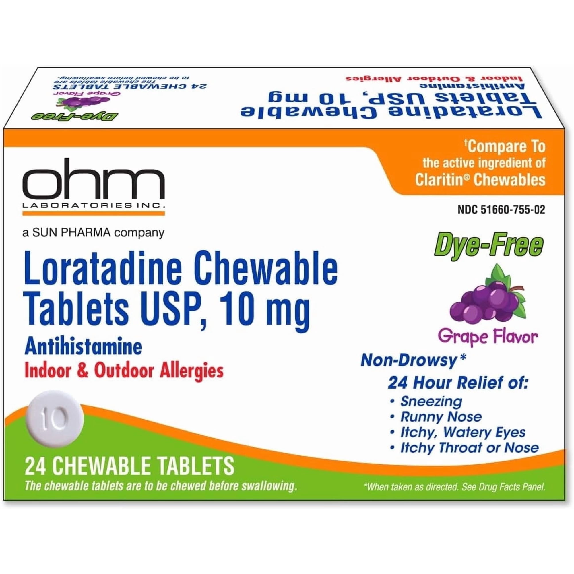 Ohm Loratadine Chewable Tablets 10mg – 24 Count | Non-Drowsy Antihistamine for Indoor & Outdoor Allergies | Grape Flavor, Dye-Free