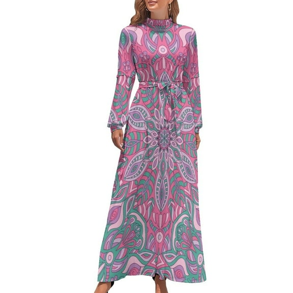 Ethnic Bohemia Dress Retro Floral Print Beach Dresses Female Long Sleeve High Neck Elegant Long Maxi Dress