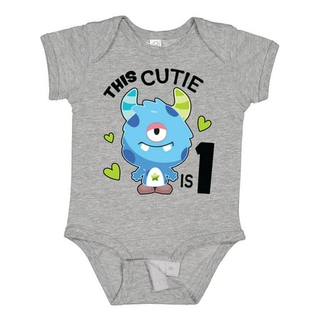 

Inktastic This Cutie is 1 with Cute Blue Monster and Hearts Gift Baby Boy Bodysuit