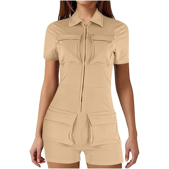 Timegard Womens Rompers Cargo Lapel V Neck Zipper Short Rompers Comfy Fitting Casual Outdoor Outfits