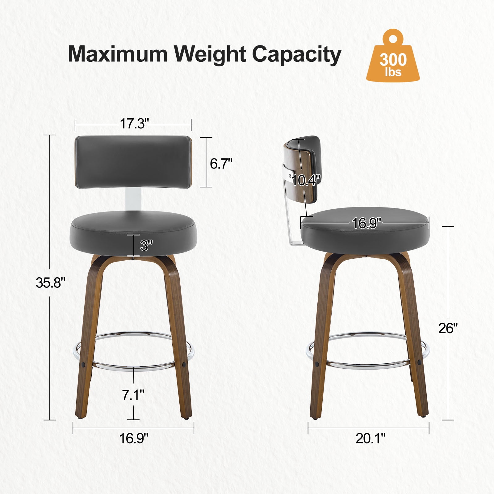 WOOW DEPOT PU Swivel Bar Stools Set of 1, 26" Seat Height Modern Upholstered Bar Chairs w/ Mid-back Round Seat Walnut Legs Leather Island Stools for Kitchen Counter