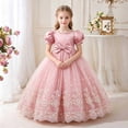 thumbnail image 2 of Girls Puff Sleeve Bow Ball Gown Dress Embroidered Mesh Floor Length Birthday Party Pageant Princess Dress (7-8 Y, Pink), 2 of 8