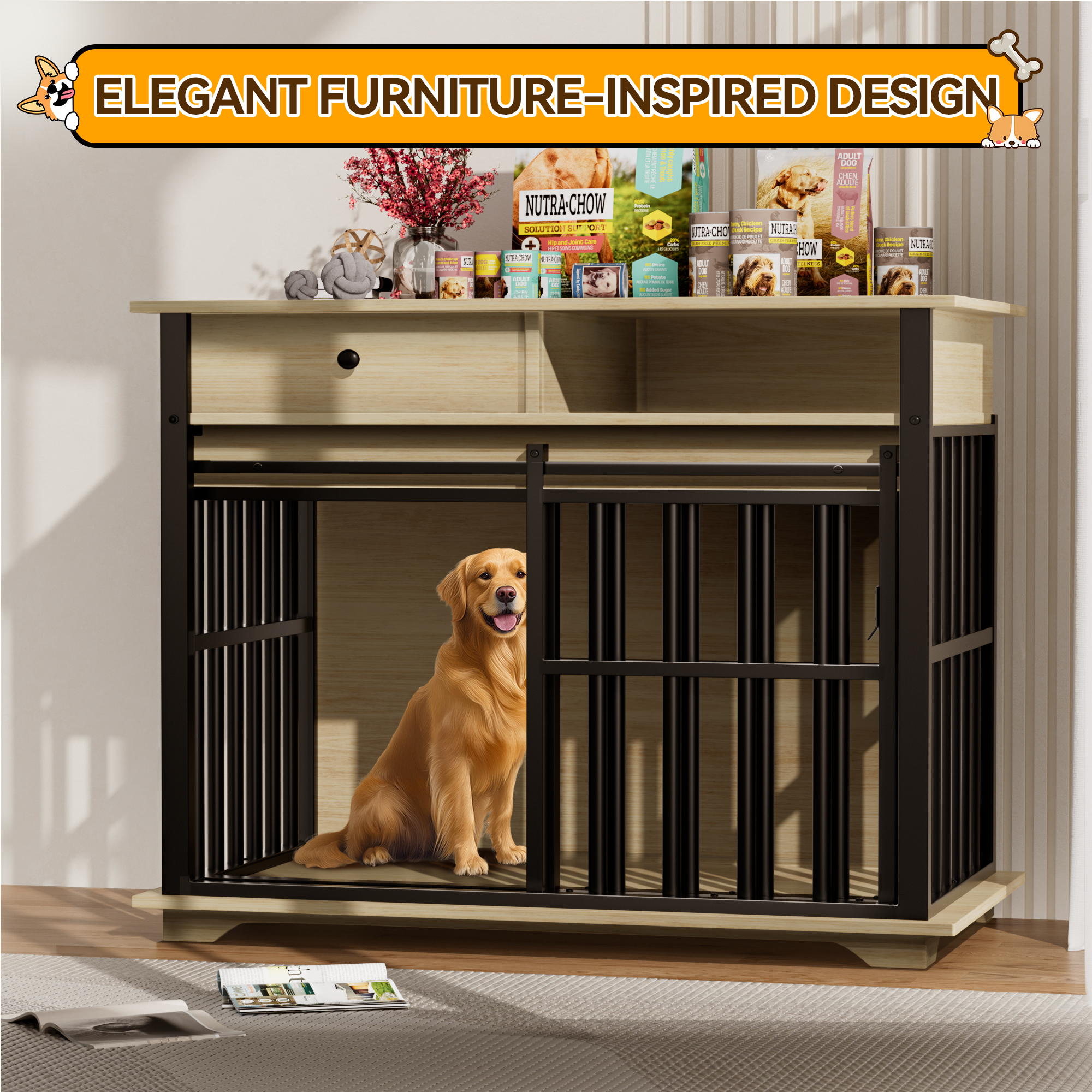 36" 2-in-1 Dog Crate Furniture, Dog Cage with Double Storage Cabinets, Indoor Iron-Wood Dog Kennel Table for Medium & XLarge Dogs, Rustic Brown Decorative Pet Cage with Sliding Door & Removable Tray