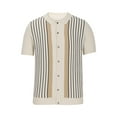 thumbnail image 4 of JUUYY Men's Fashion Stripe Knit Shirt Summmer Short Sleeve Turndown Collar Button Short Sleeve Shirt Sweater Beige XXL, 4 of 9