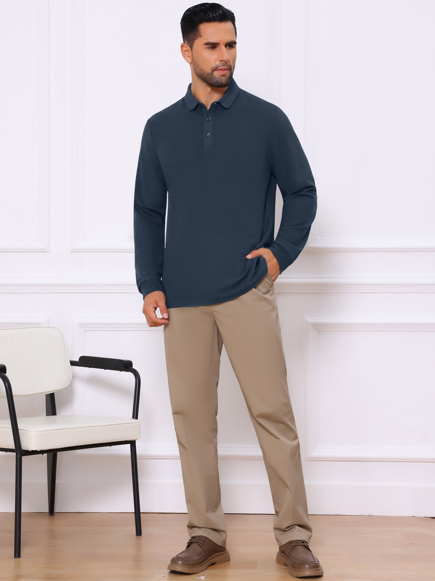 DARING DIVA Men's Classic Solid Color Long Sleeves Basic Golf Polo T-Shirts L Dark Blue