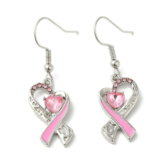 October Breast Cancer Pink Awareness Ribbon Alloy Dangle Earrings with Rhinestone Platinum 40x11.5mm Rhinestone