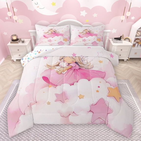 Castle Fairy Preppy Child Kawaii Rabbit Girl Bedding Comforter Set 2pcs,Starry Sky Twin Comforter Sets Microfiber,Dreamy Princess Breathable Bedding Set,Super Cozy Room Decor,Reversible