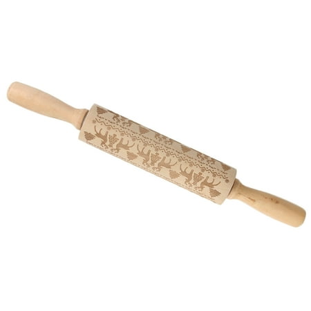 Embossed Wood 35cm Christmas Deer Wooden Rolling Pin Engraved Carved Wood Embossed Embossing Baking Cookies Biscuit Fondant Roller ()