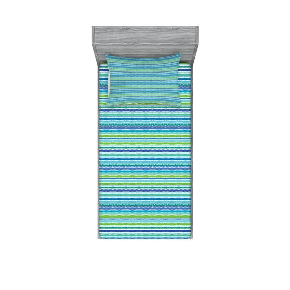 Ambesonne Vintage Stripe Fitted Sheet & Pillow Sham Set, Blue Green Tones Art, Twin, Multicolor