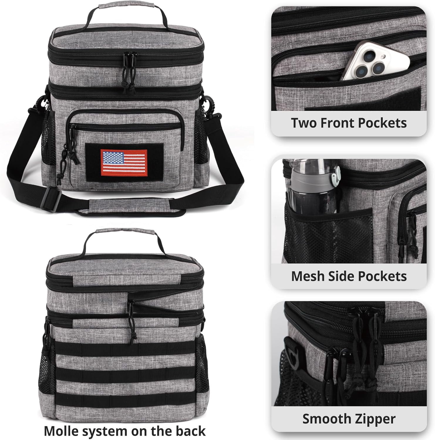 TRIPGEAR Double Deck Lunch Box for Men, Lunch Cooler Bag Work with Shoulder Strap Webbing Large Capacity Leakproof Insulated(19.5 Gray)